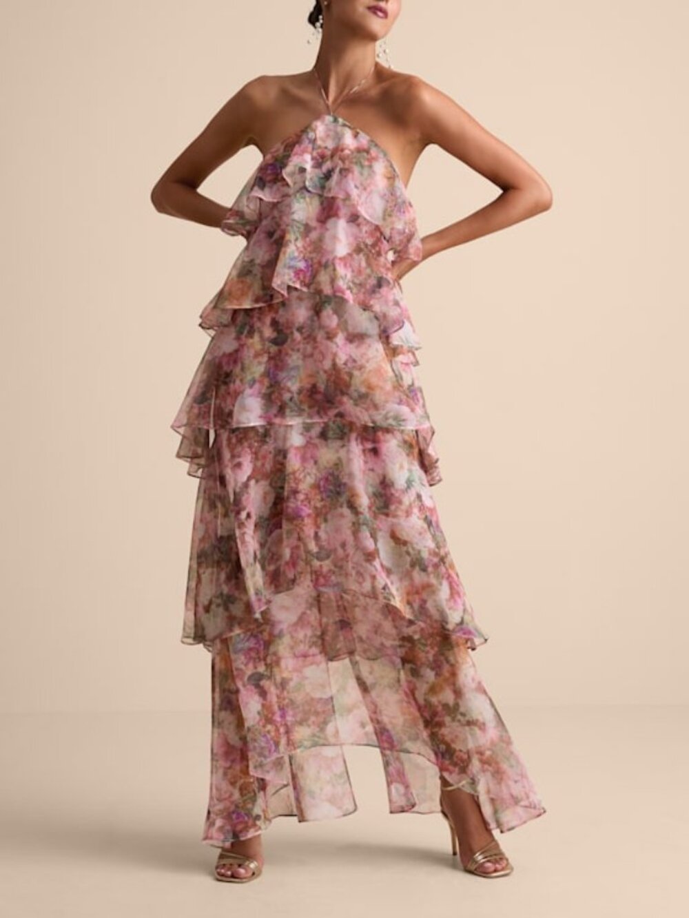 Lulus Melody Pink Floral Tiered Halter Maxi Dress - Size L